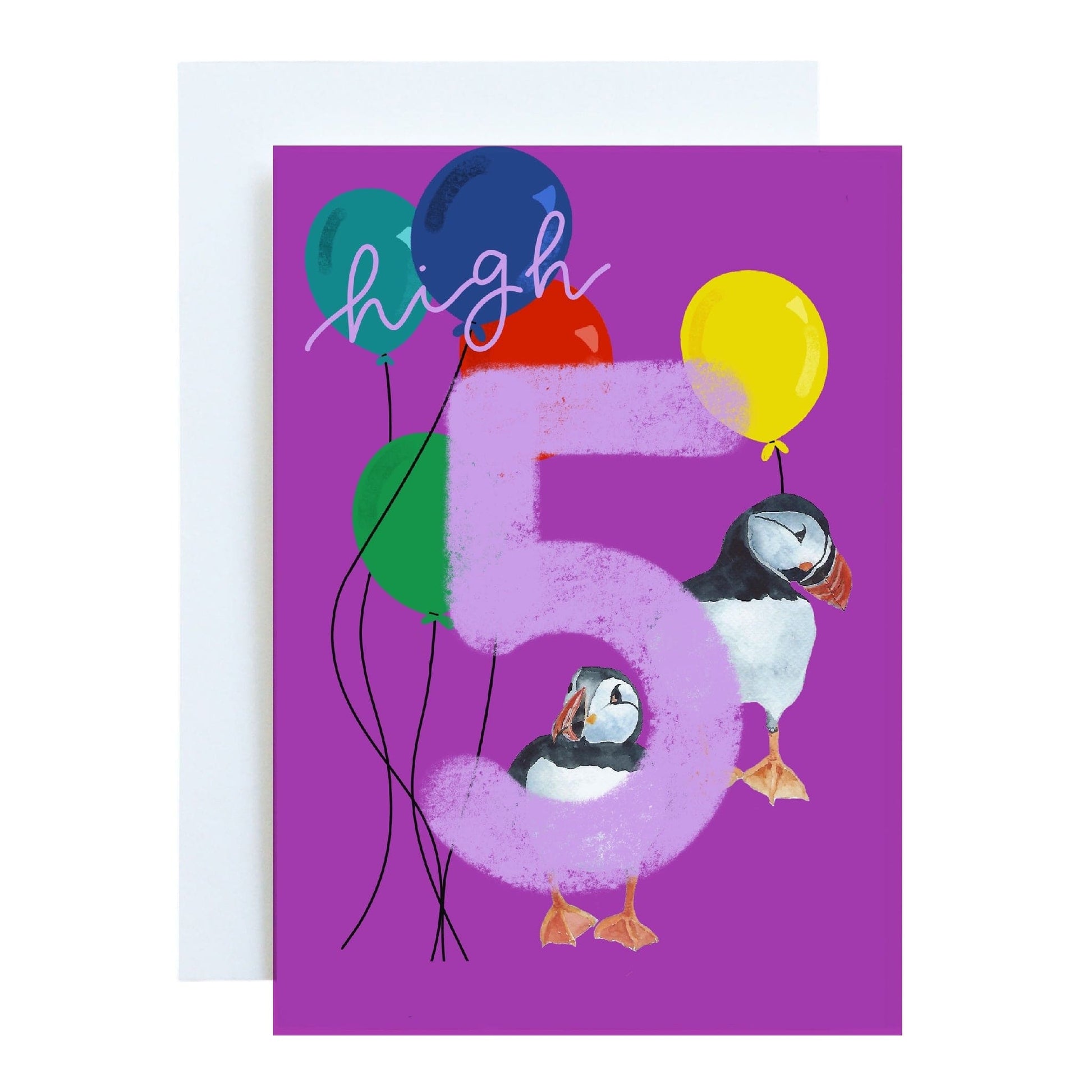 5 - Fifth birthday Card - Bright “high 5” with puffins Cards And Hope Designs   