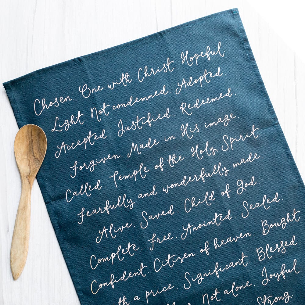 Identity in Christ hand-lettered tea towel - pink on blue Kitchen Towels And Hope Designs   