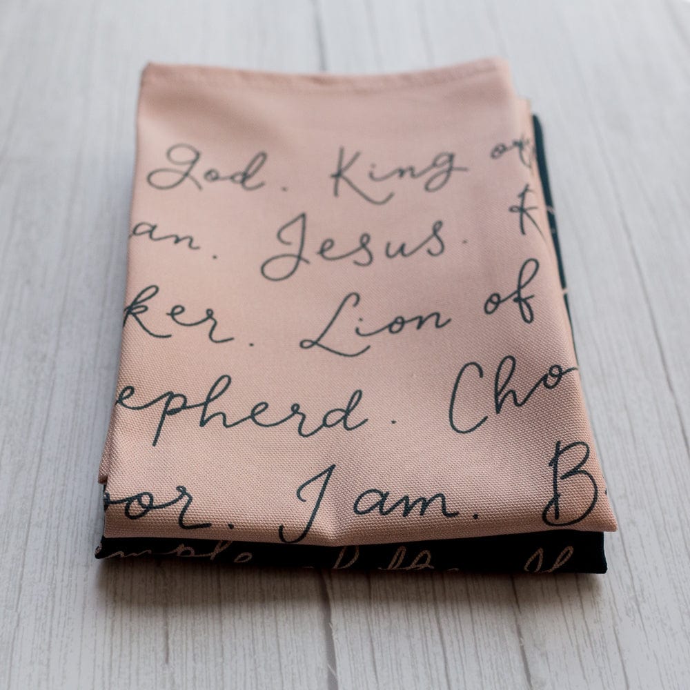 Names of Jesus hand-lettered tea towel - blue on pink Kitchen Towels And Hope Designs   