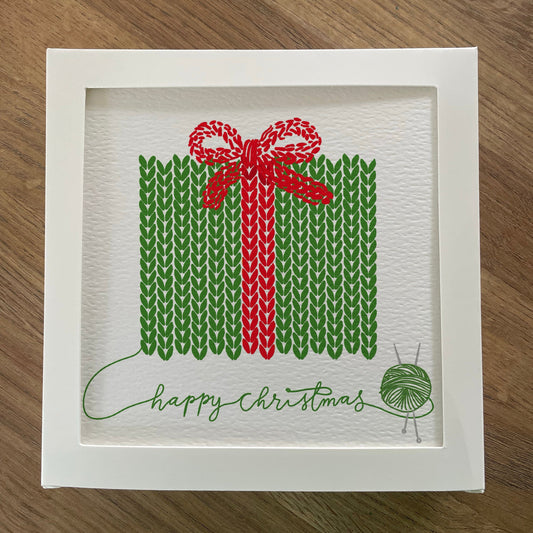 Knitter’s Christmas Card: Green & Red Wrapped Present And Hope Designs