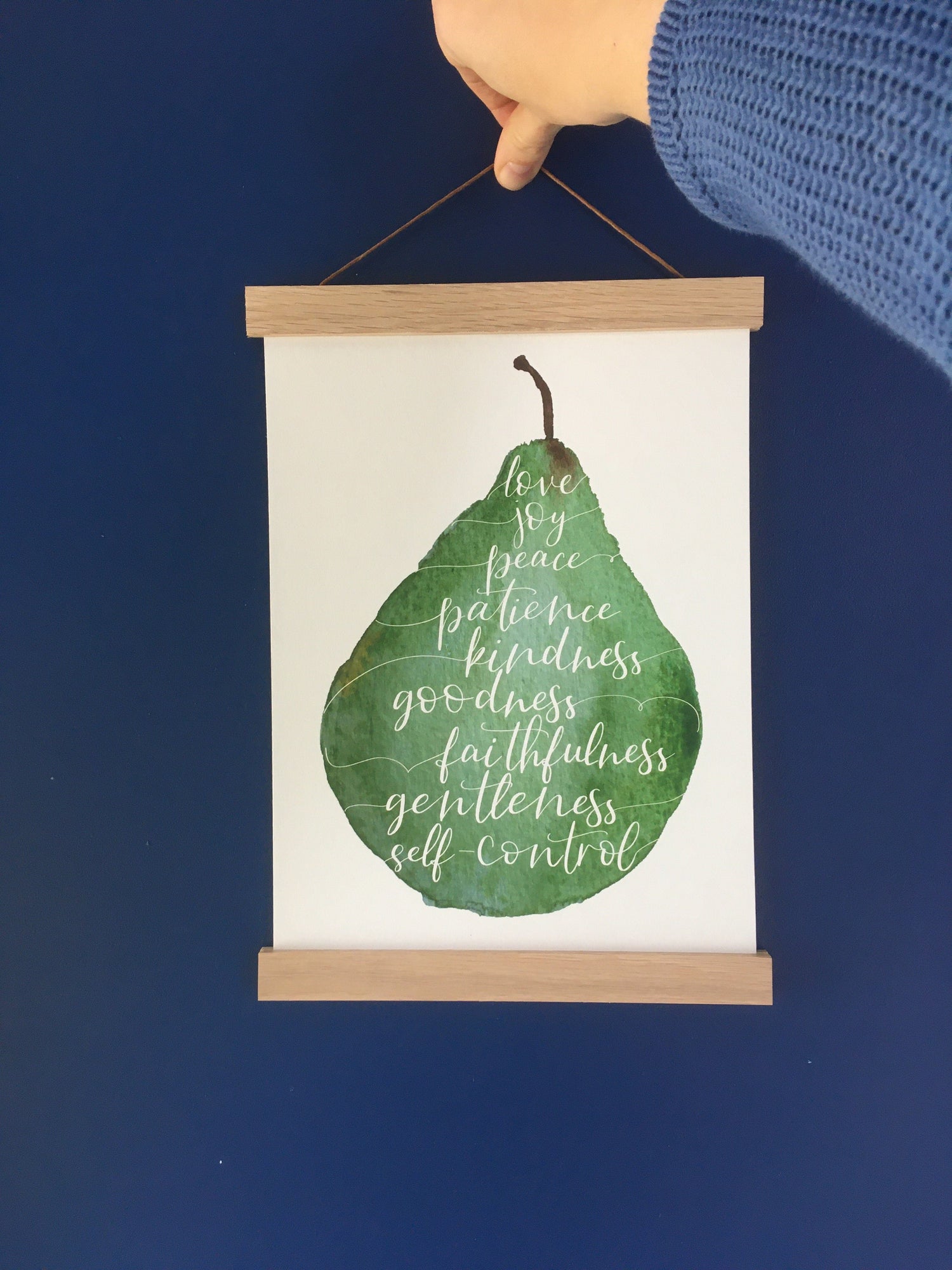 Watercolour pear A4 print with the fruit of the spirit hand lettered