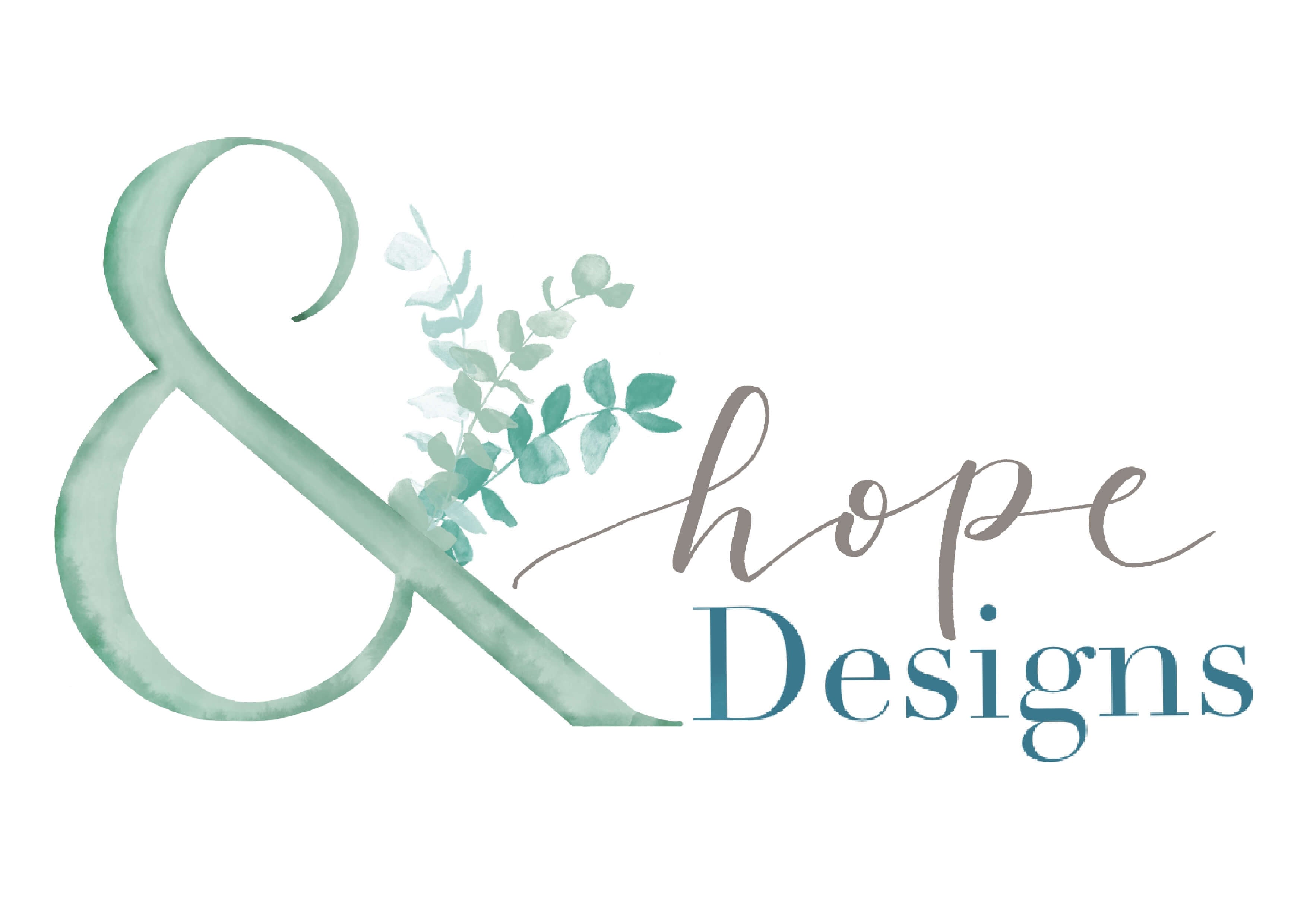And Hope designs logo made up of a mint green ampersand flourished with eucalyptus, the word Hope hand lettered in taupe and the word designs in a blue serif font.