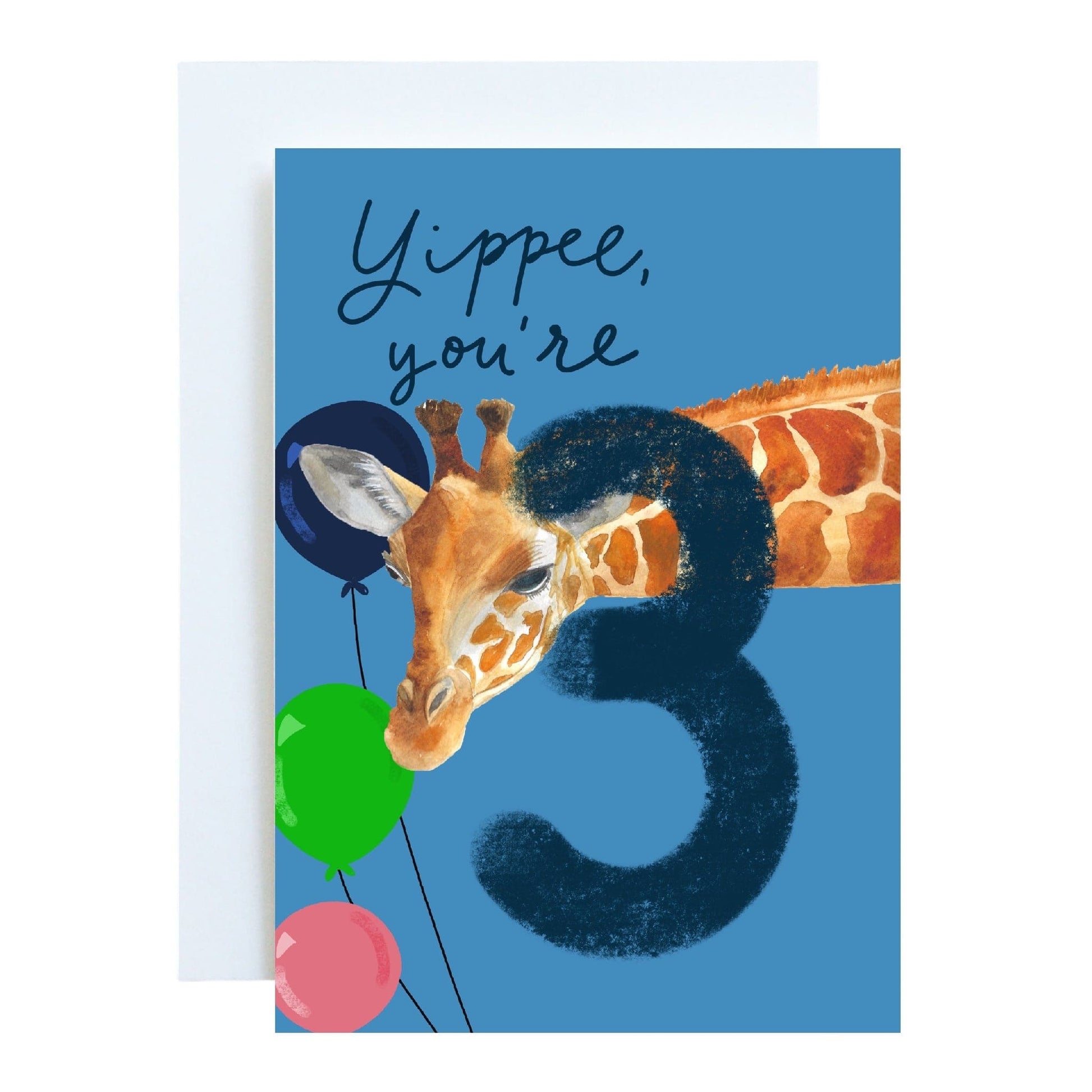 3 - Third birthday Card - Bright “yippee you’re 3” with giraffe And Hope Designs Cards