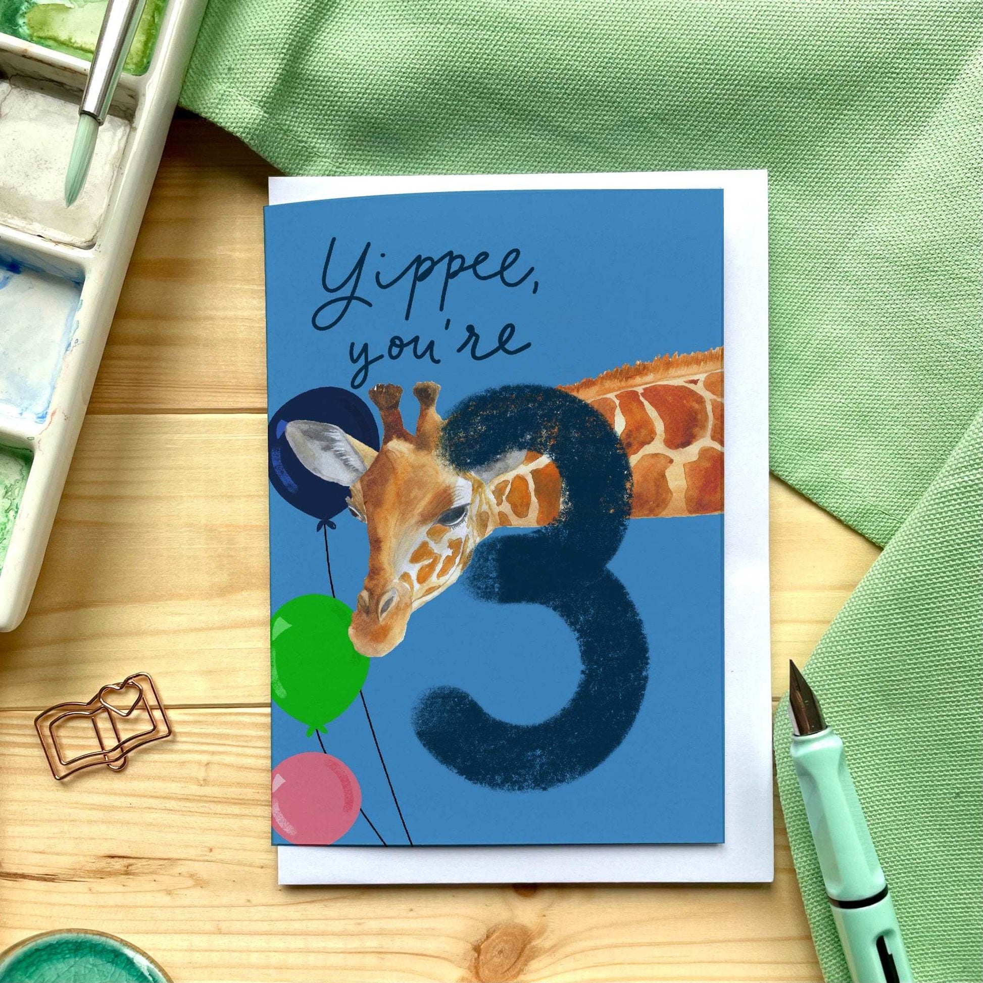 3 - Third birthday Card - Bright “yippee you’re 3” with giraffe And Hope Designs Cards