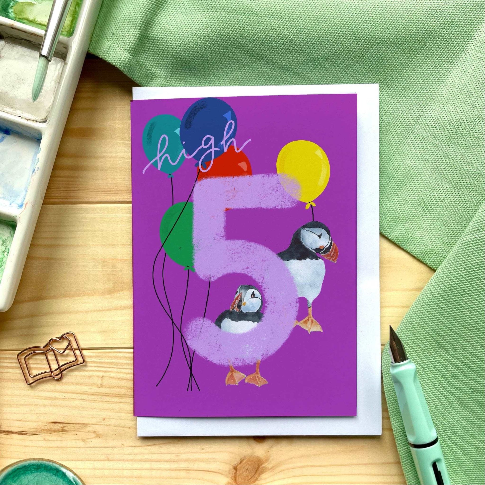 5 - Fifth birthday Card - Bright “high 5” with puffins And Hope Designs Cards