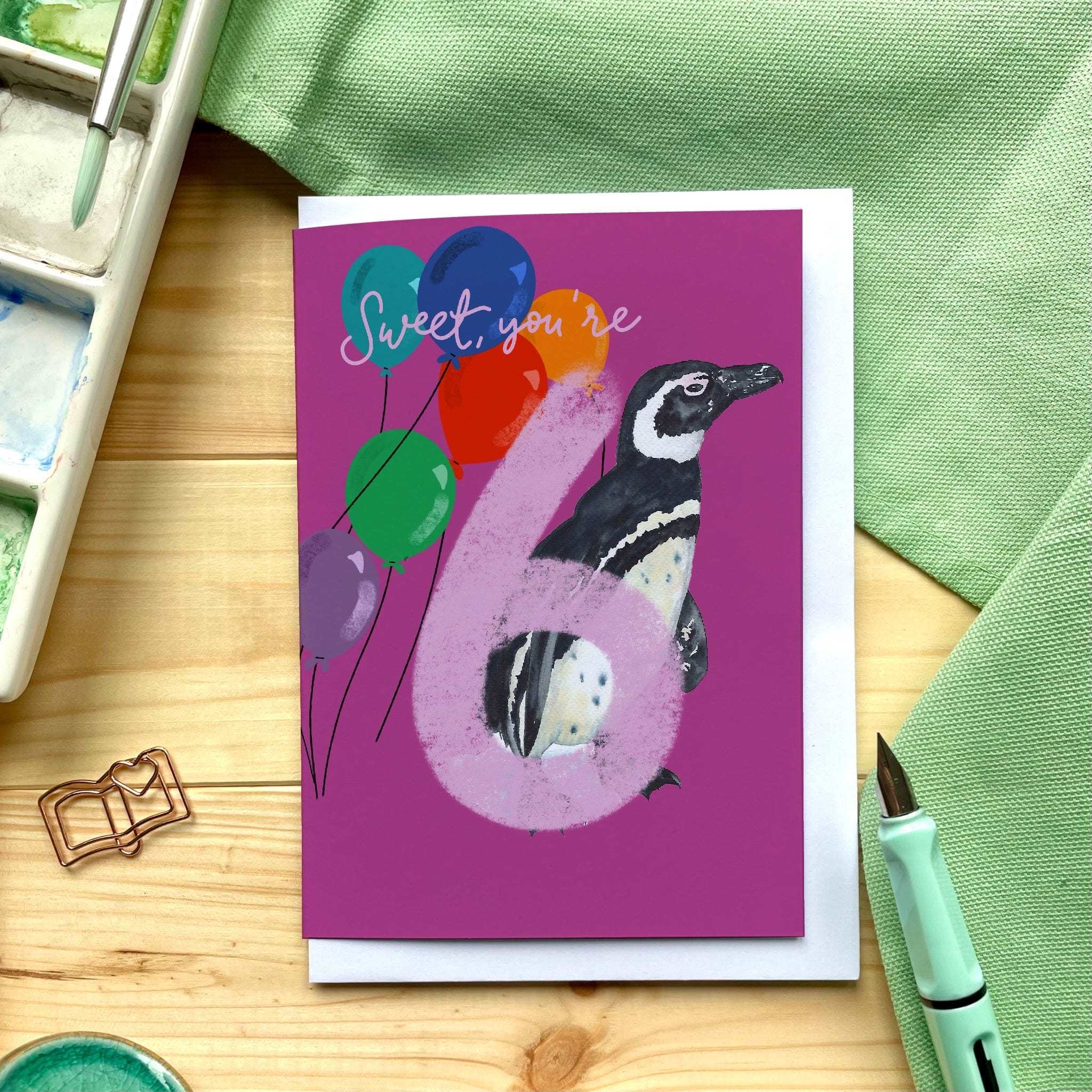 6 - Sixth birthday Card - Bright “Sweet! You’re 6” with penguin – And ...