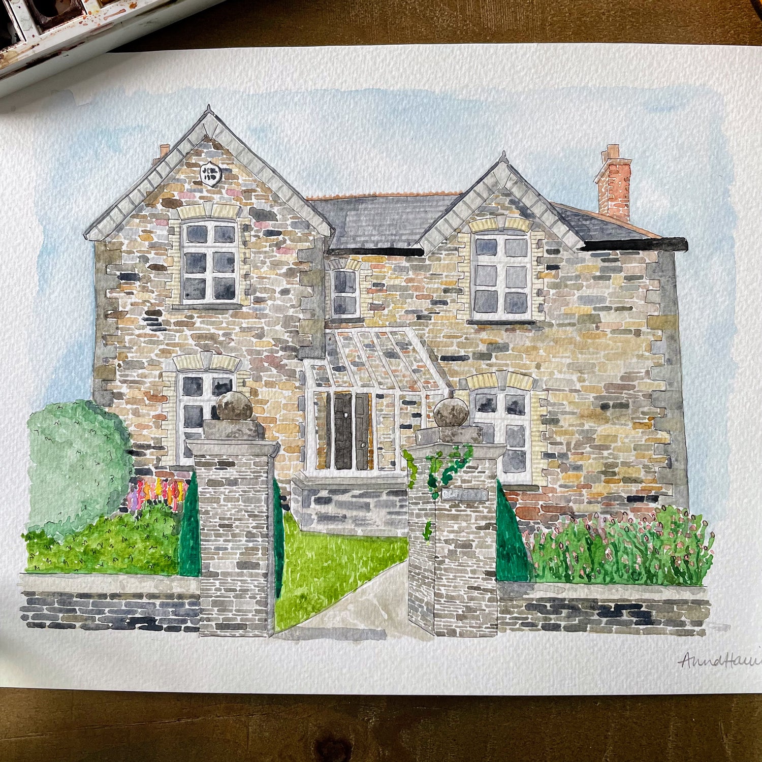 Bespoke commissioned watercolour house portrait, featuring a Cornish home of gorgeous brick painted by hand
