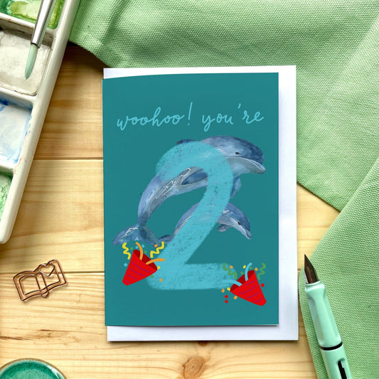 And Hope Designs Cards 2 - Second birthday Card - Bright “woohoo! you're 2” with dolphins