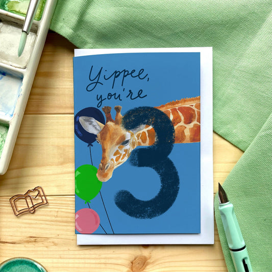 And Hope Designs Cards 3 - Third birthday Card - Bright “yippee you’re 3” with giraffe