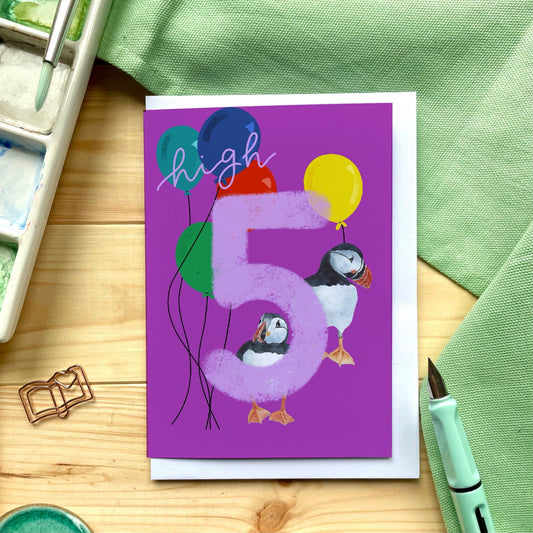And Hope Designs Cards 5 - Fifth birthday Card - Bright “high 5” with puffins