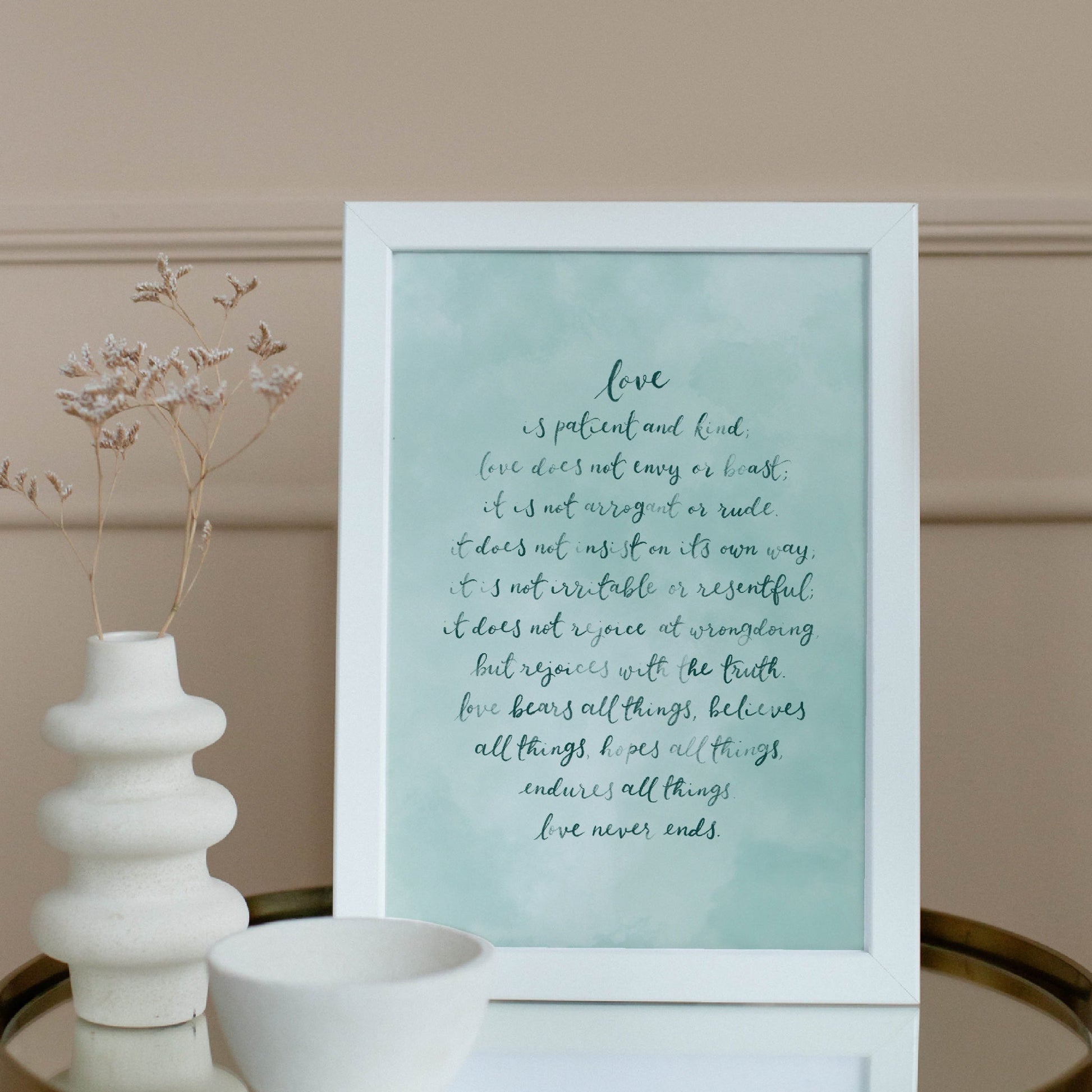 Calligraphy scripture print - 1 Cor. 13:4-8 And Hope Designs Print