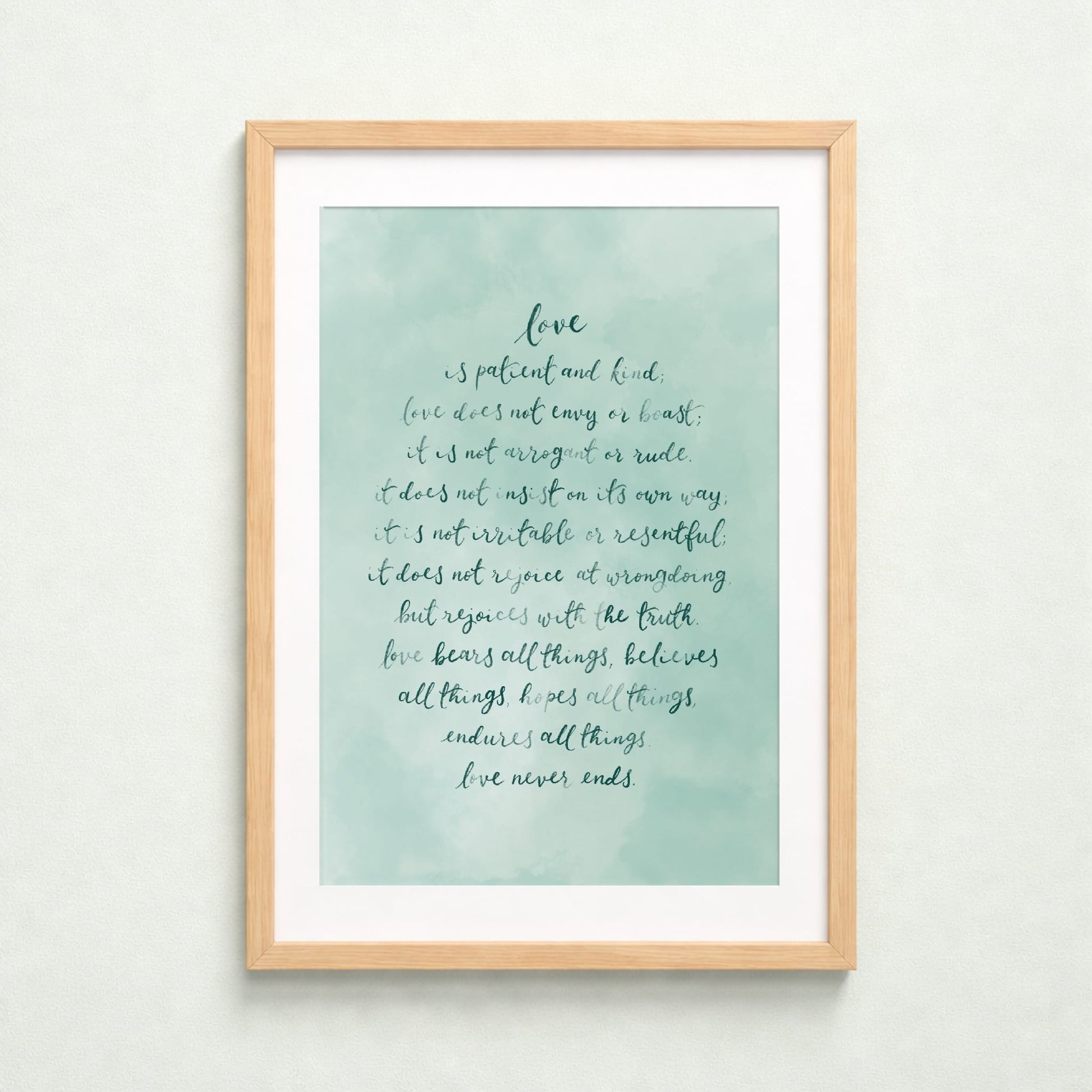 Christian Print - 1 Corinthians 13:4-8 - Mint Green And Hope Designs Print