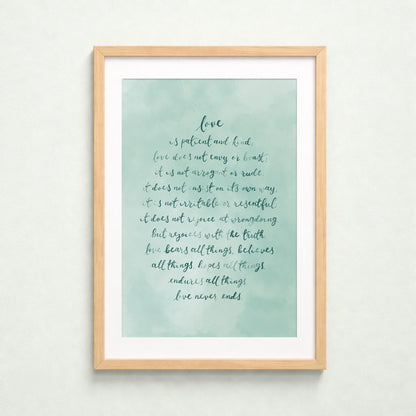Christian Print - 1 Corinthians 13:4-8 - Mint Green And Hope Designs Print