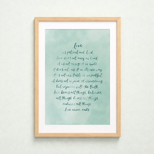Christian Print - 1 Corinthians 13:4-8 - Mint Green And Hope Designs Print