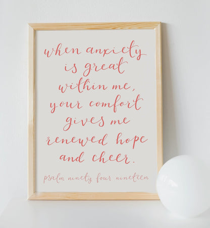 Christian Print - When Anxiety Is Great Within Me - Pink And Hope Designs Print