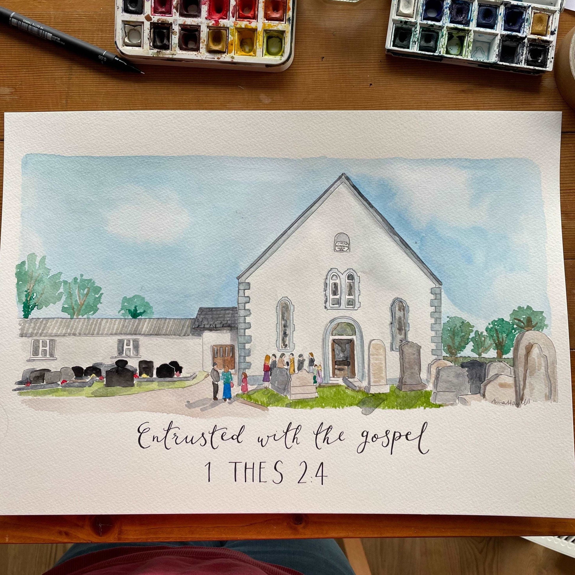 Custom Watercolour church or wedding venue painting And Hope Designs Commission