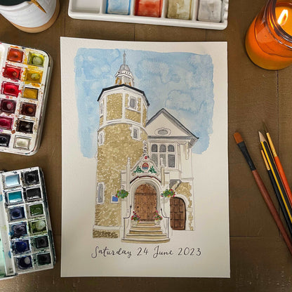 Custom Watercolour church or wedding venue painting And Hope Designs Commission