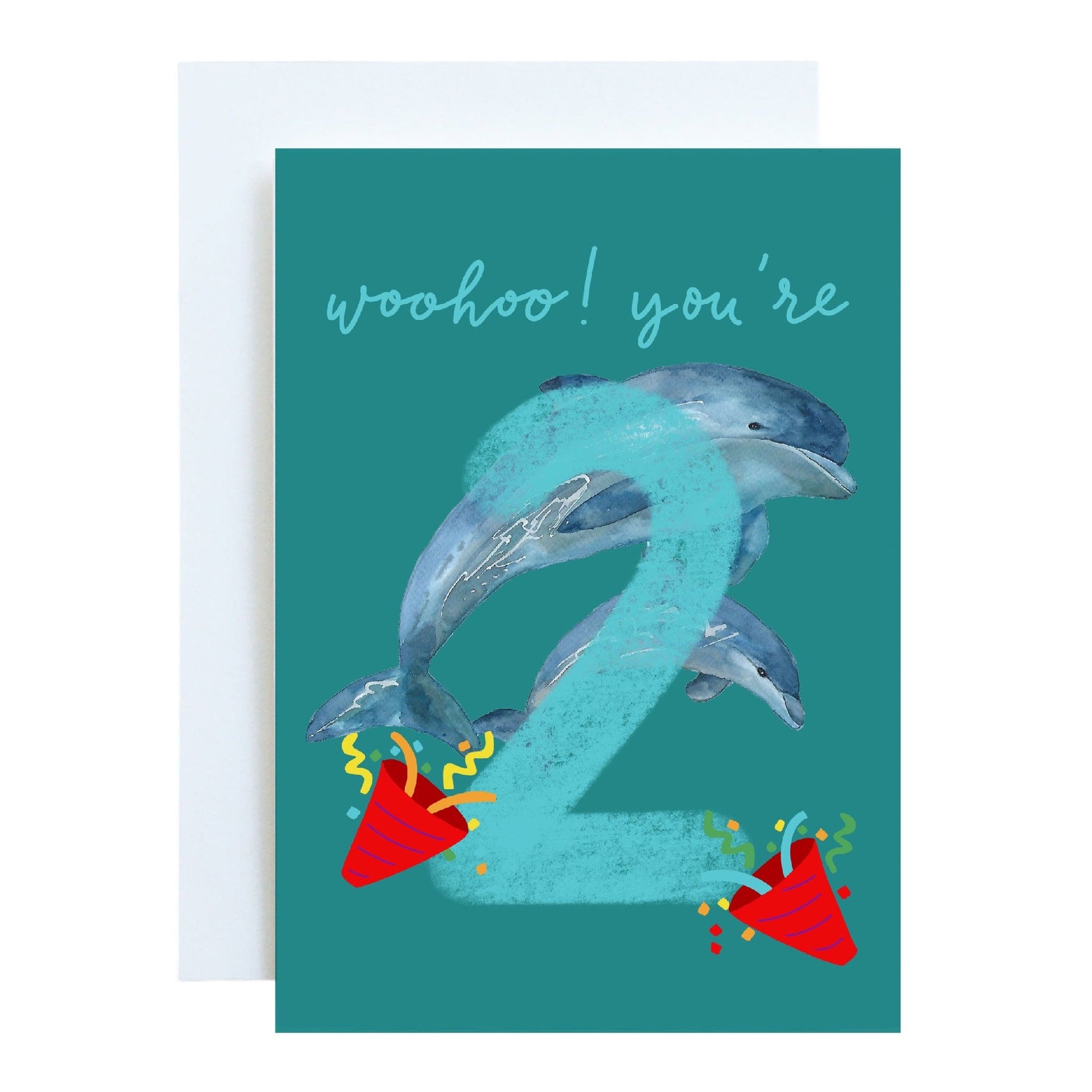 Dolphins Second birthday Card - Bright “woohoo! you're 2” And Hope Designs Cards