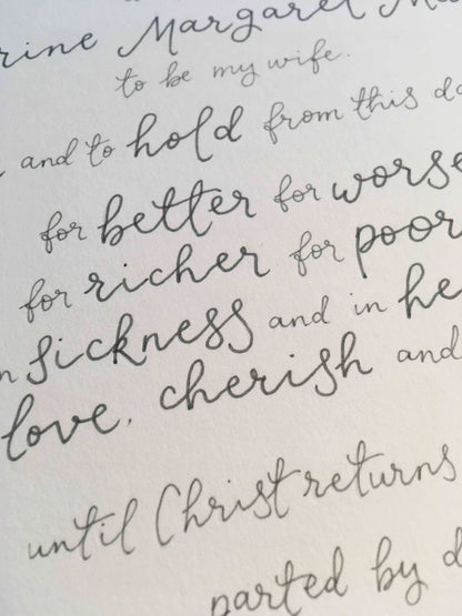 Hand lettered wedding vows A4 / Set of 2 complimentary vows / Dark grey And Hope Designs Originals