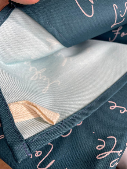 Identity in Christ hand-lettered tea towel - pink on blue And Hope Designs Kitchen Towels