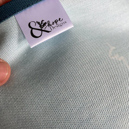 Identity in Christ hand-lettered tea towel - pink on blue And Hope Designs Kitchen Towels