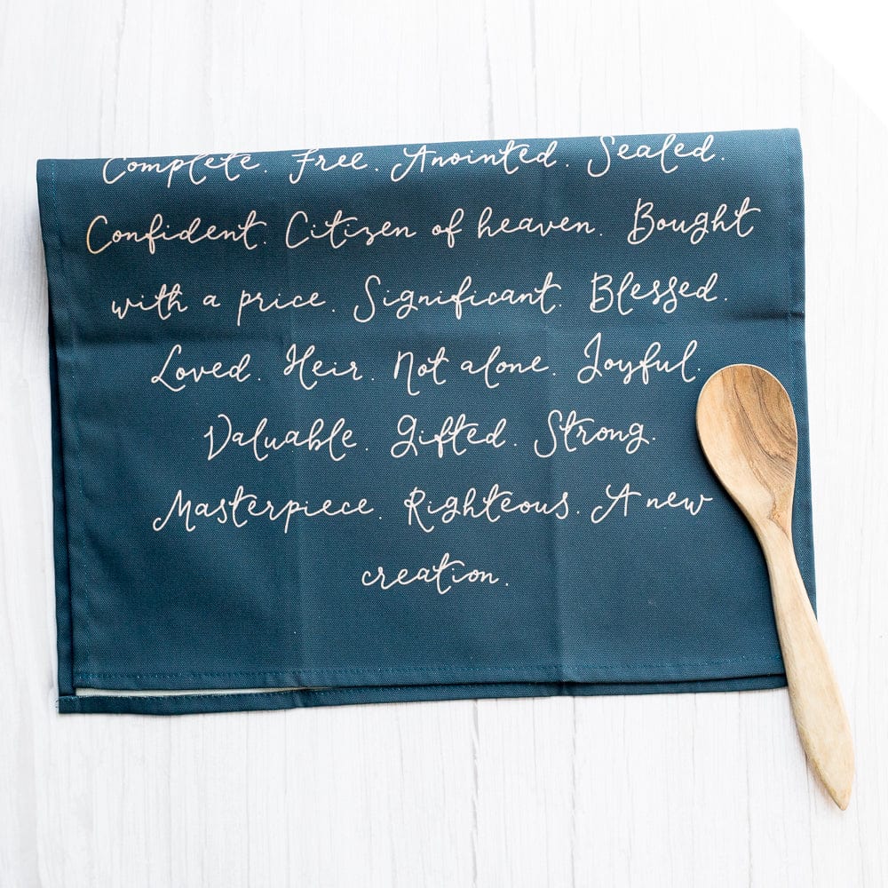 Identity in Christ hand-lettered tea towel - pink on blue And Hope Designs Kitchen Towels