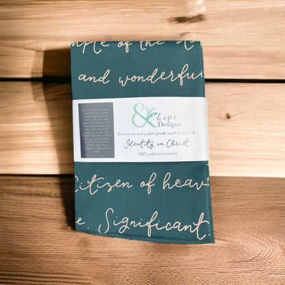 Identity in Christ hand-lettered tea towel - pink on blue And Hope Designs Kitchen Towels