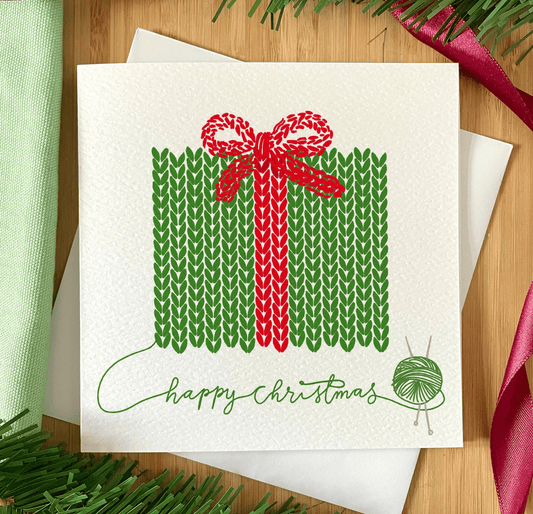 Knitter’s Christmas Card: Green & Red Wrapped Present And Hope Designs