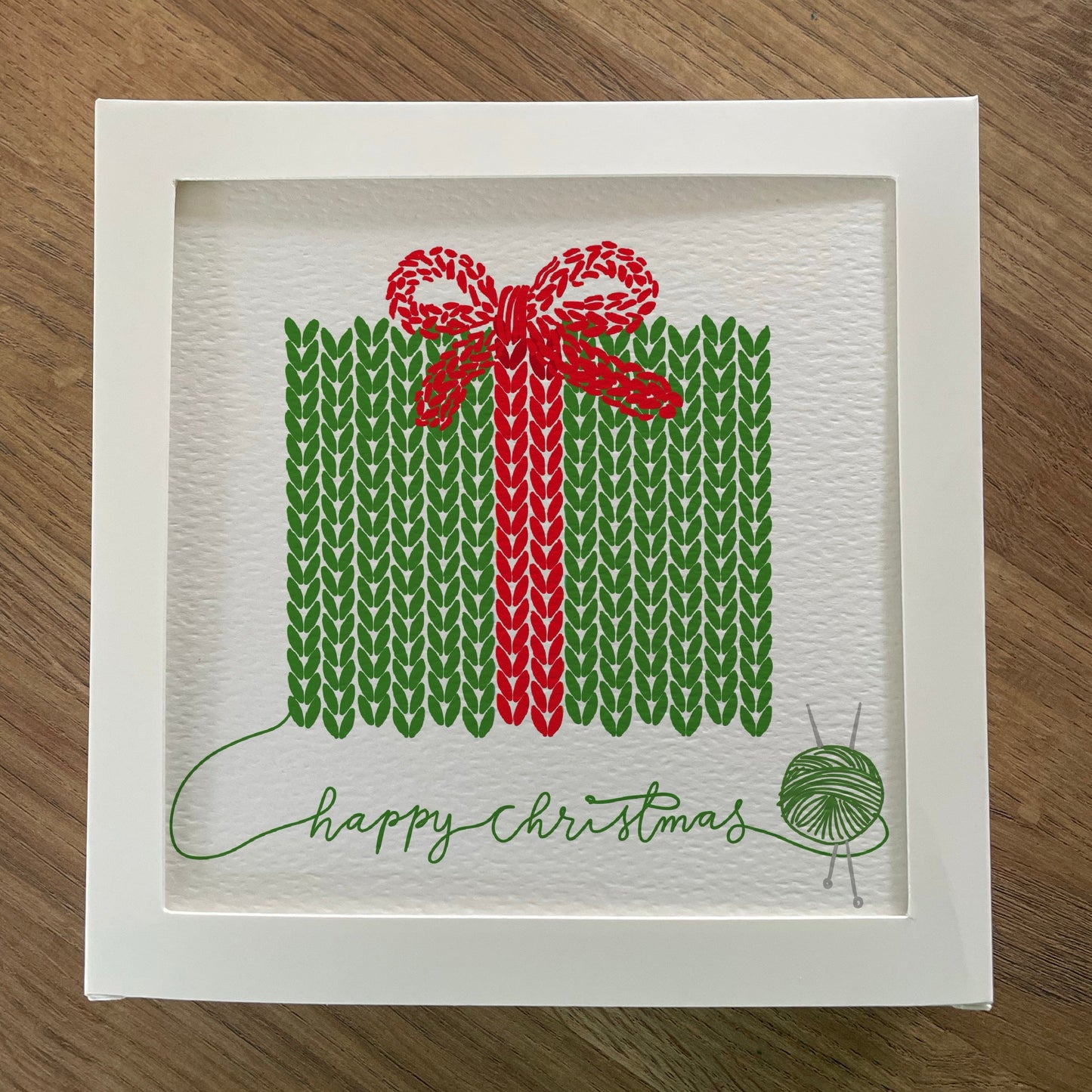Knitter’s Christmas Card: Green & Red Wrapped Present And Hope Designs