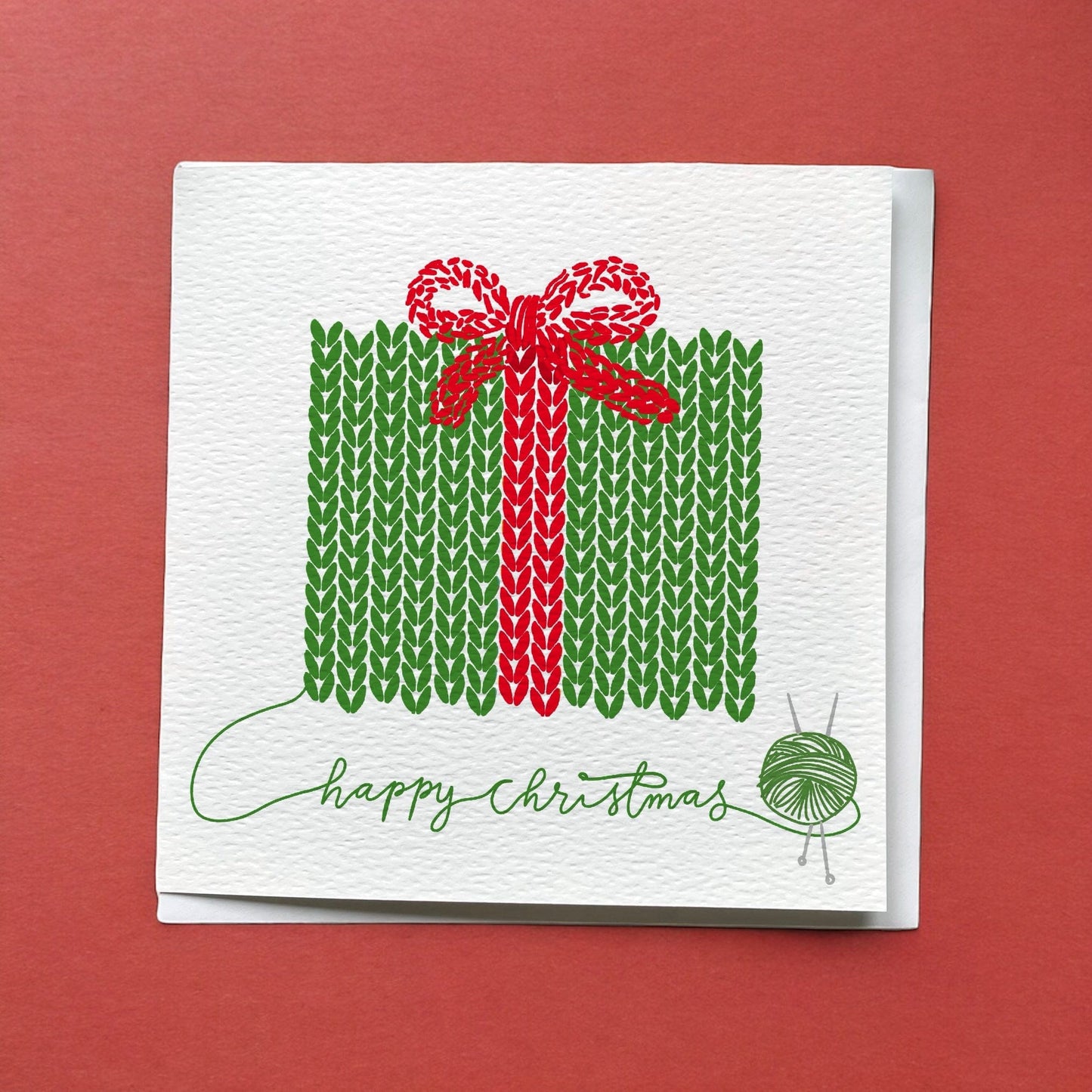 Knitter’s Christmas Card: Green & Red Wrapped Present And Hope Designs