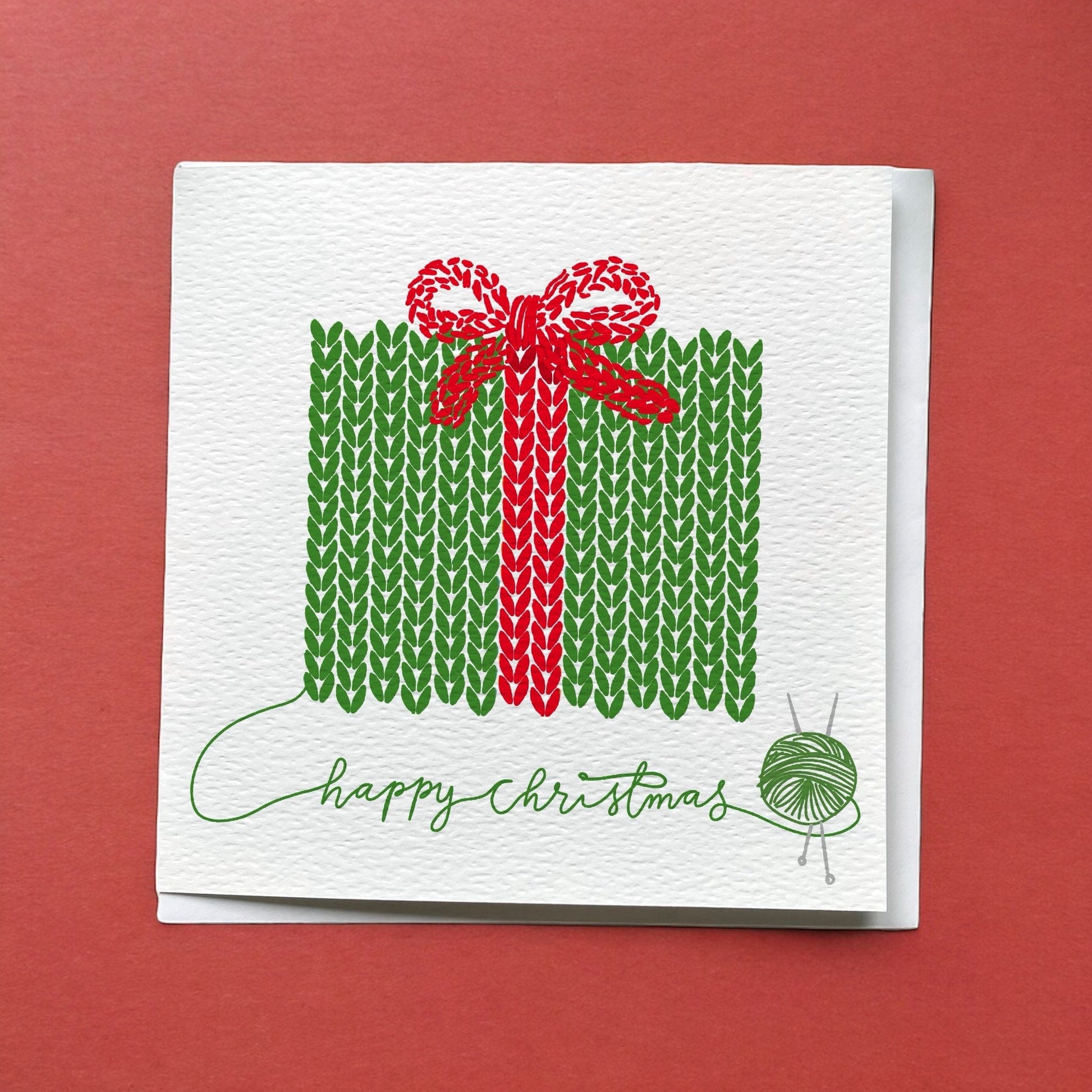 Knitter’s Christmas Card: Green & Red Wrapped Present And Hope Designs