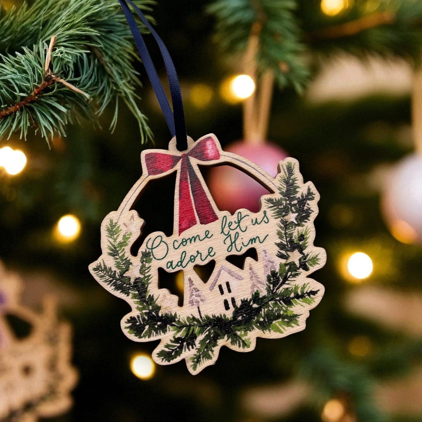 O Come Let Us Adore Him Christian Wooden Christmas Decoration And Hope Designs Baubles