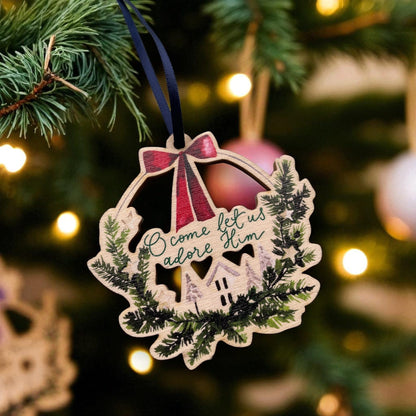 O Come Let Us Adore Him Christian Wooden Christmas Decoration And Hope Designs Baubles