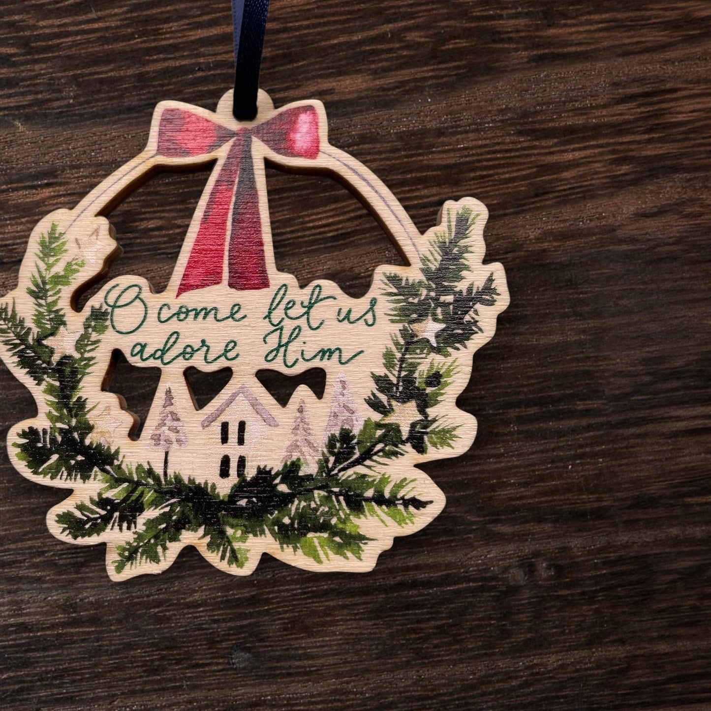 O Come Let Us Adore Him Christian Wooden Christmas Decoration And Hope Designs Baubles