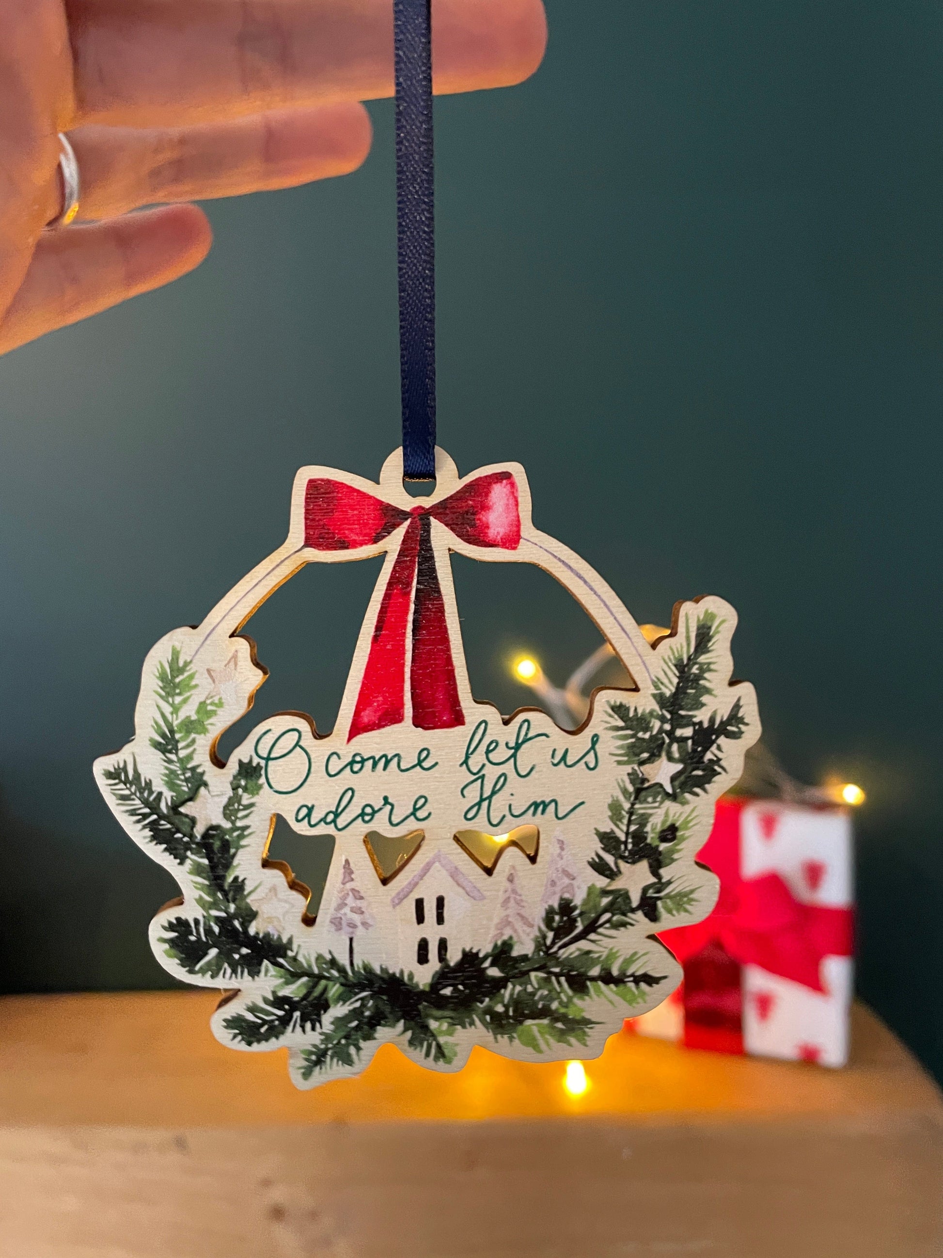 O Come Let Us Adore Him Christian Wooden Christmas Decoration And Hope Designs Baubles