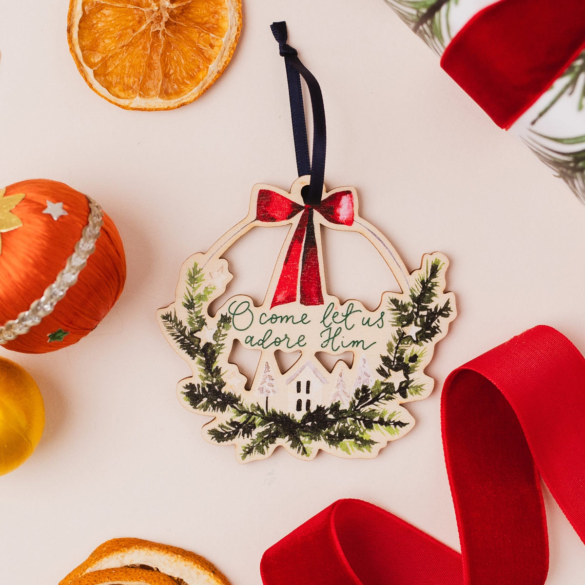 O Come Let Us Adore Him Christian Wreath Wooden Christmas Decoration And Hope Designs Baubles