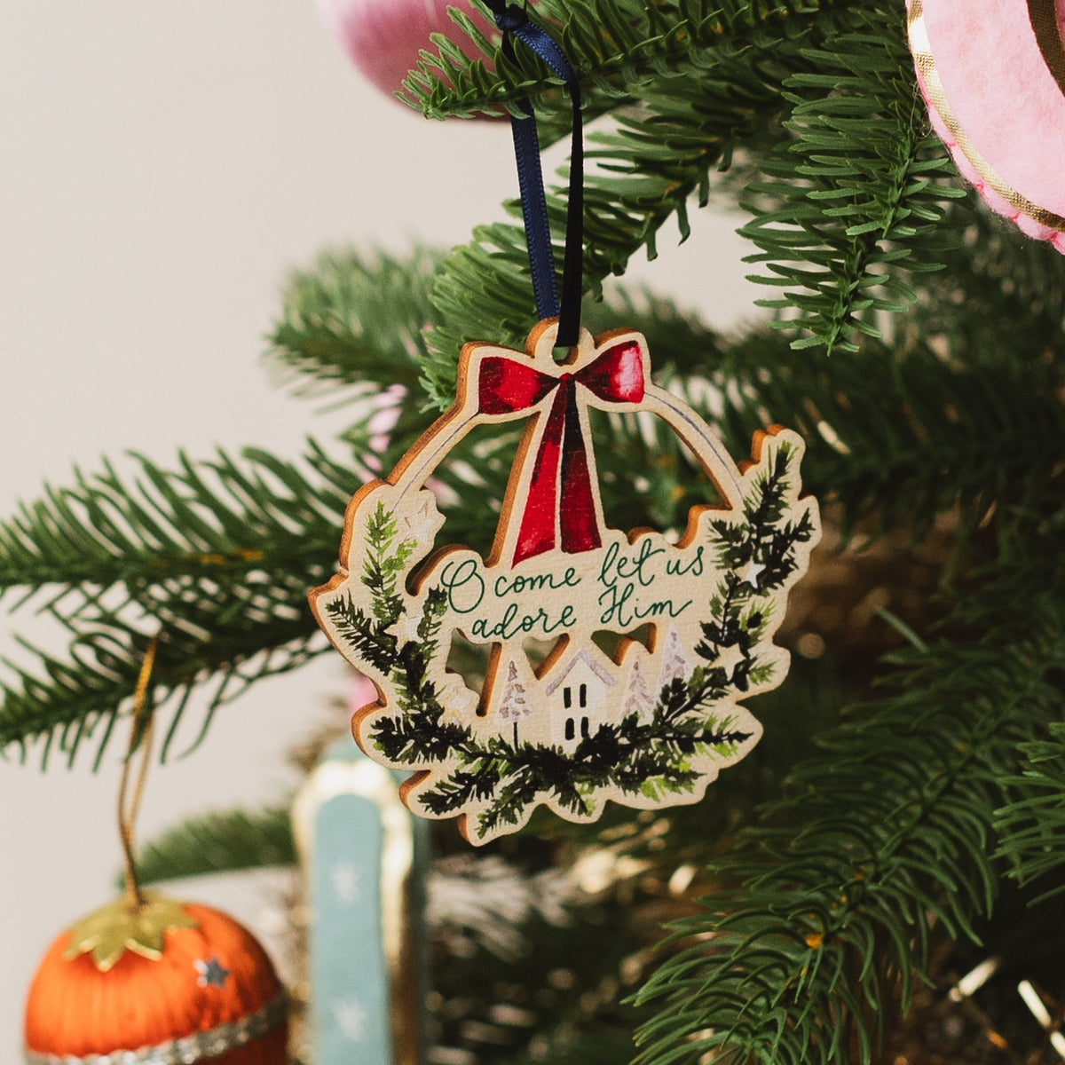 O Come Let Us Adore Him Christian Wreath Wooden Christmas Decoration And Hope Designs Baubles