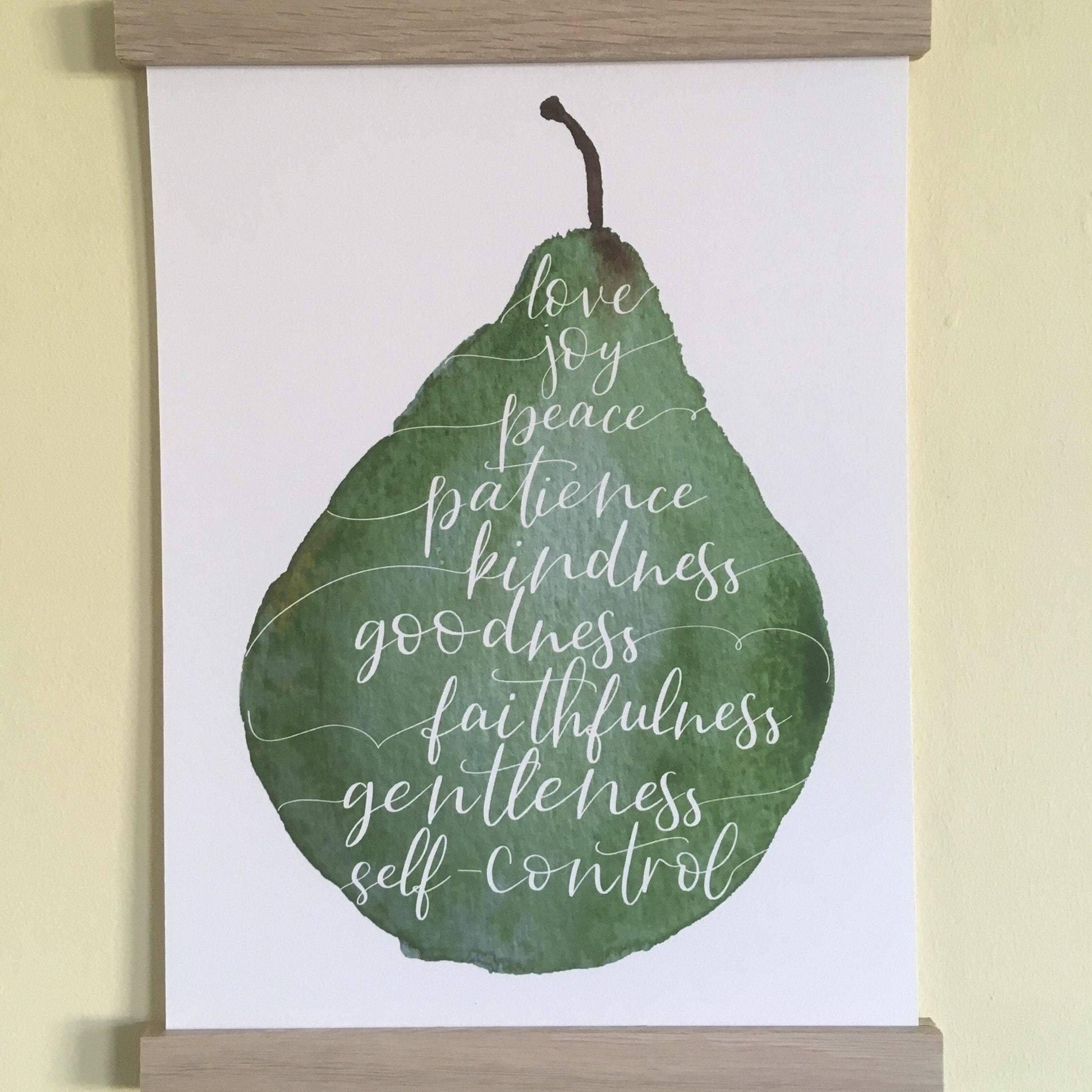 Galatians 5:22-23 print with watercolour pear with poster hanger frame