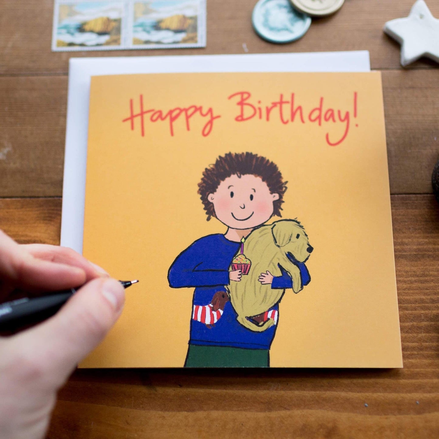 Bright yellow birthday card for child who loves dogs
