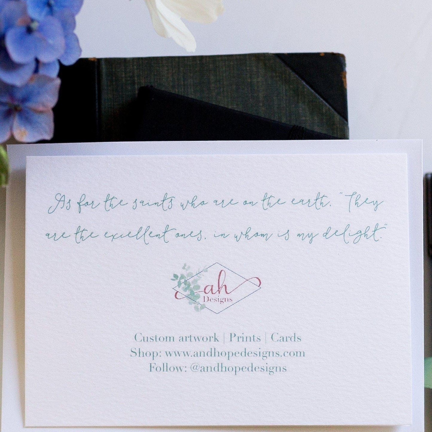 Close up of the back of this Christian bridesmaid proposal card - lightly textured card