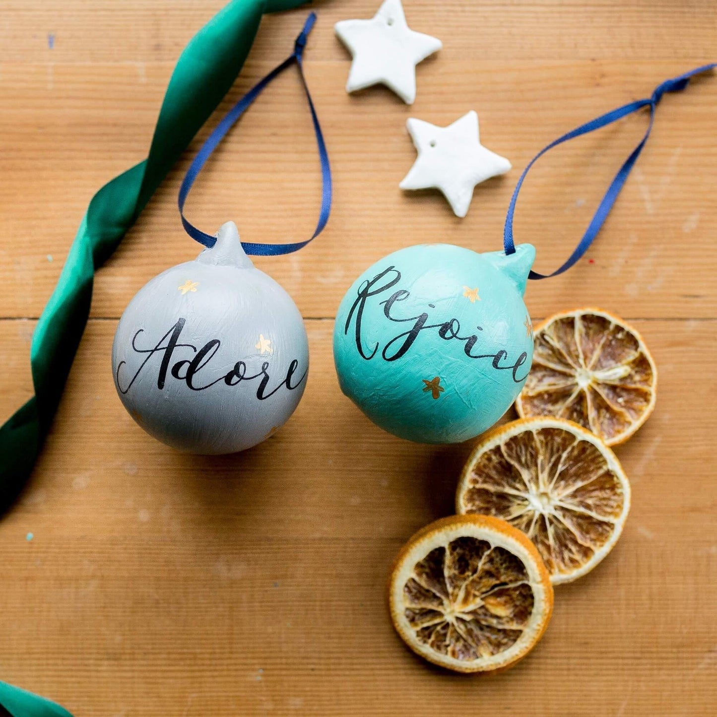 Christian Christmas decor - rejoice and adore hand lettered baubles