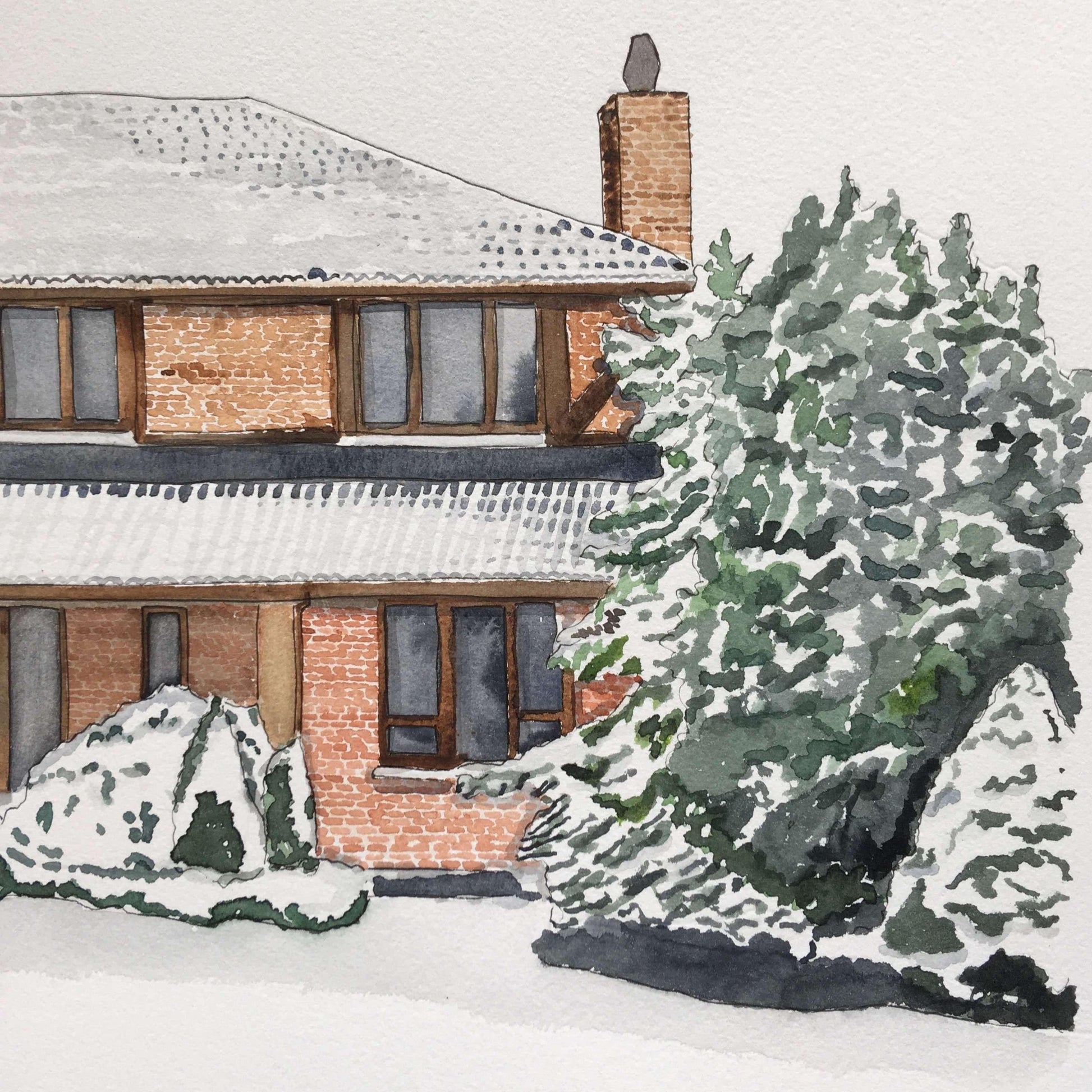 Watercolour painting of house covered in snow to frame and hang in your home.