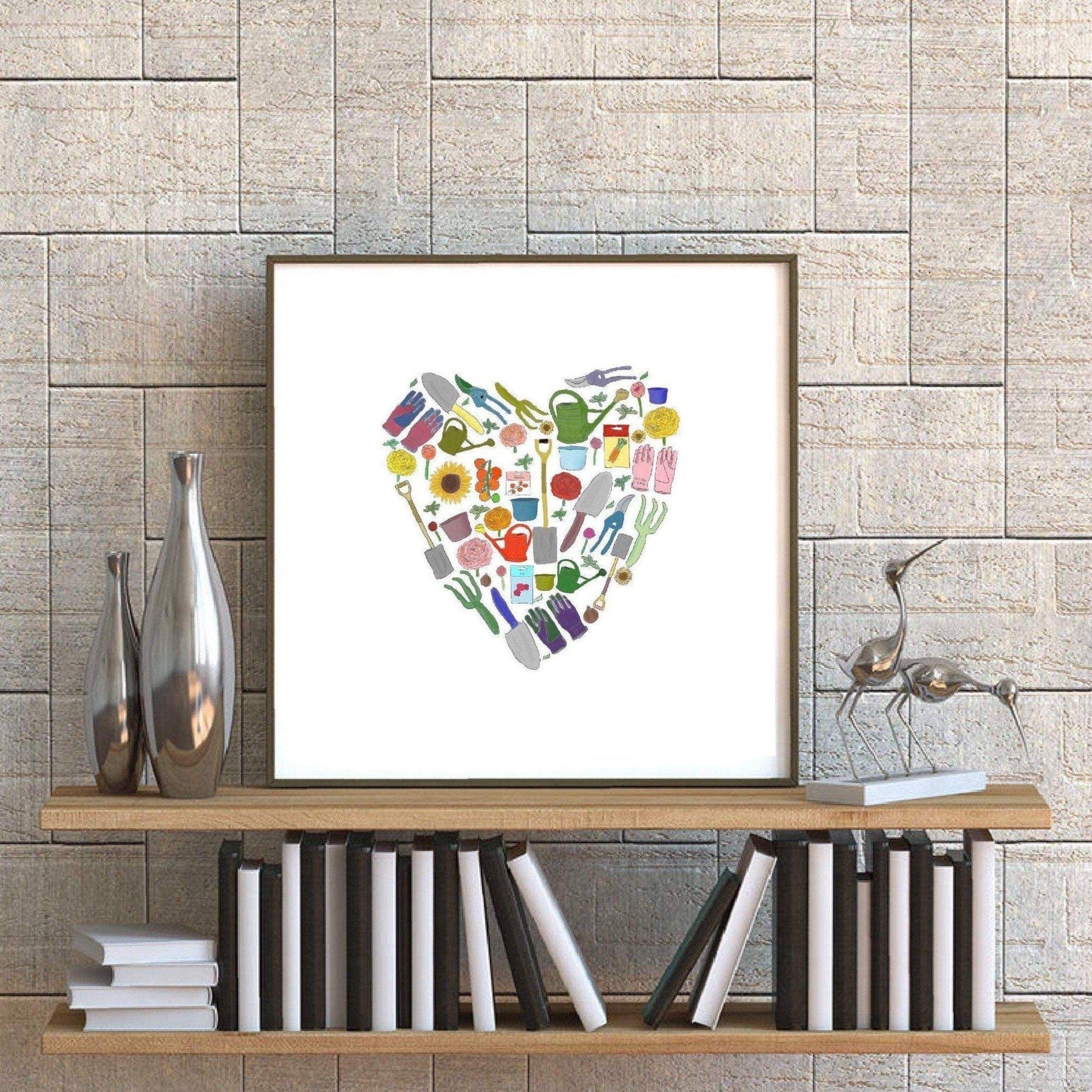 Lovely giclee print of gardening items illustrated to form a heart shape.