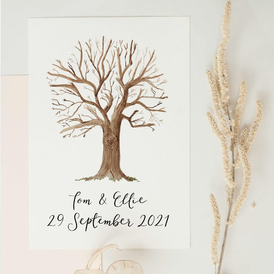 personalised alternative wedding guest book - watercolour tree to add fingerprint leaves