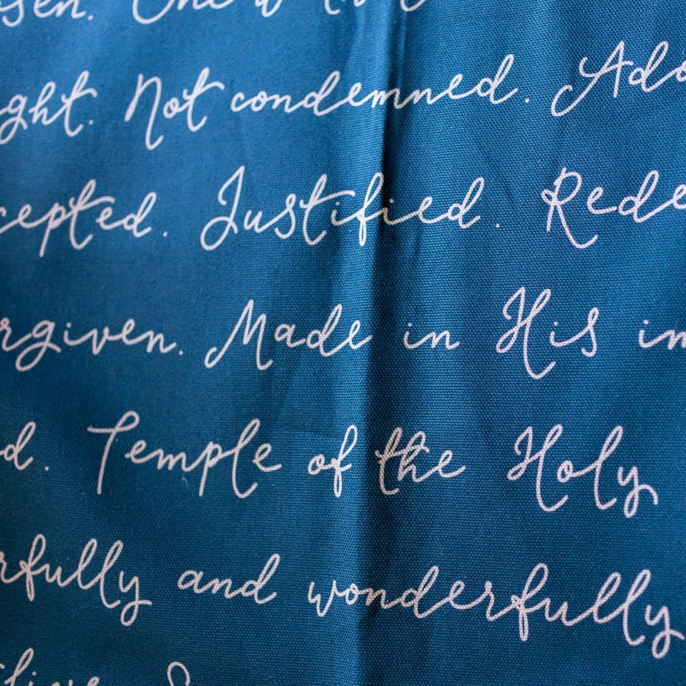 And Hope Designs Kitchen Towels PRE-ORDER - Identity in Christ hand-lettered tea towel - pink on blue