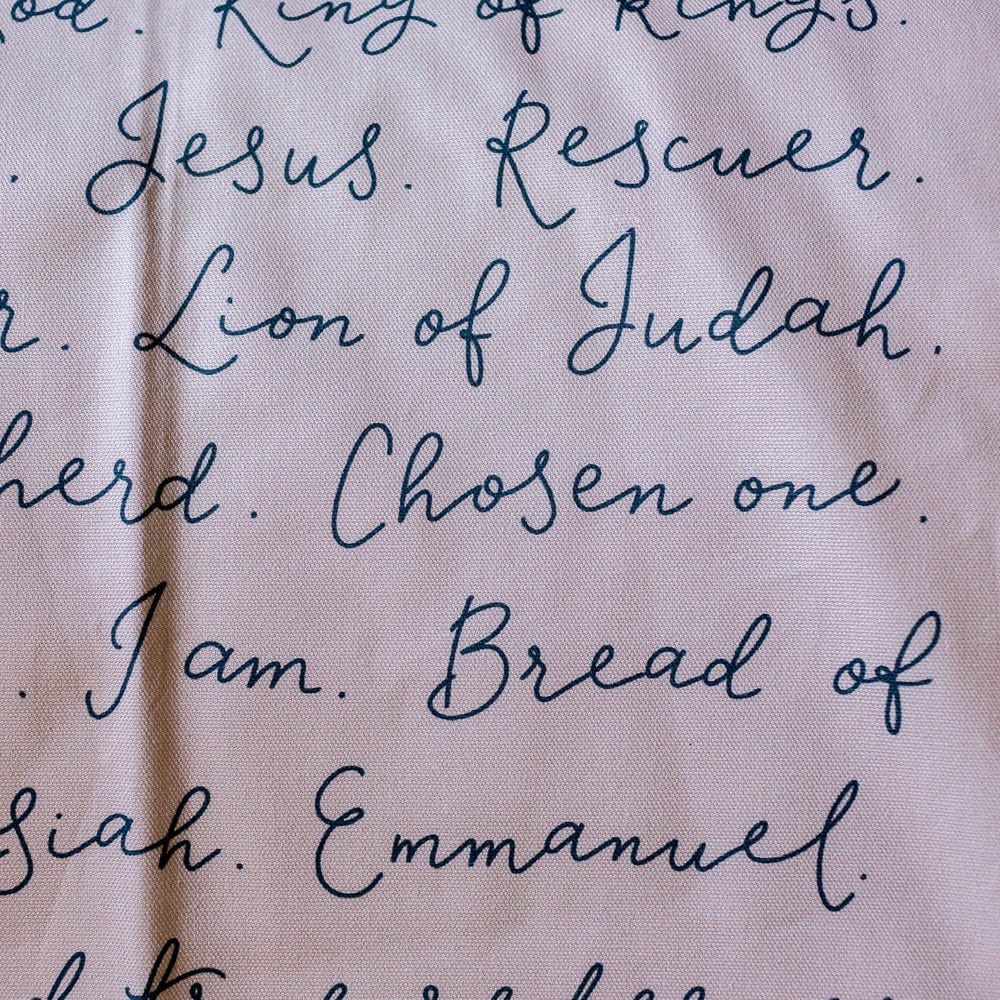 And Hope Designs Kitchen Towels PRE-ORDER - Names of Jesus hand-lettered tea towel - blue on pink