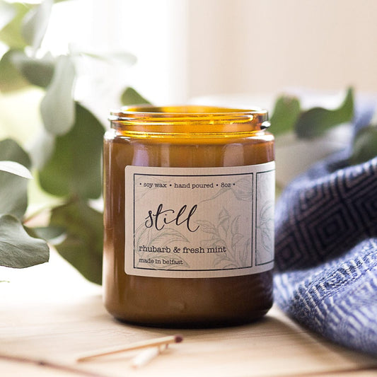 Rhubarb & fresh mint 8oz amber glass jar candle “Still” Candles And Hope Designs   