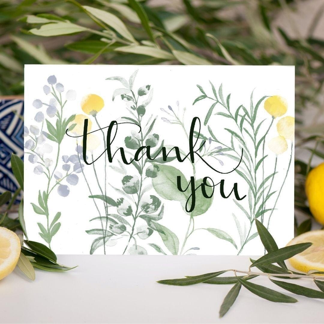 Set of botanical and floral watercolour thank you cards