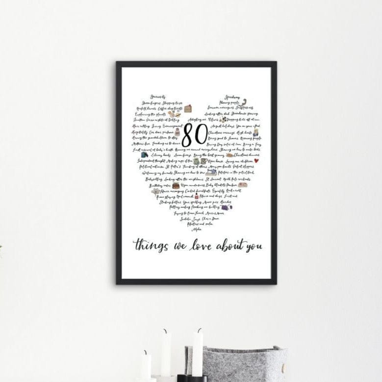 80 things we love about you personalised print with calligraphy and watercolour illustrations in the shape of a heart