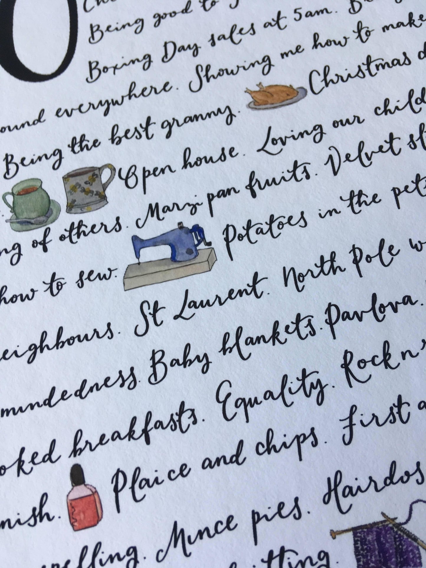 Close up on calligraphy and watercolour illustrations on a personalised print